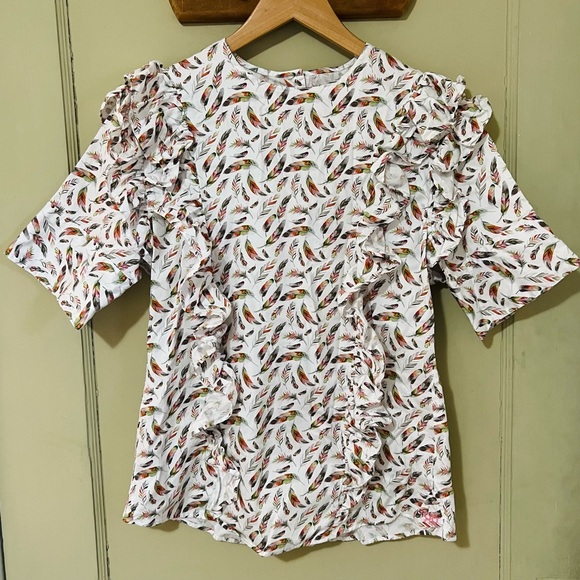 Double R Brand Women's Medium Feather Pleated Sleeve Ruffle Top. Back Button Up - Picture 1 of 11